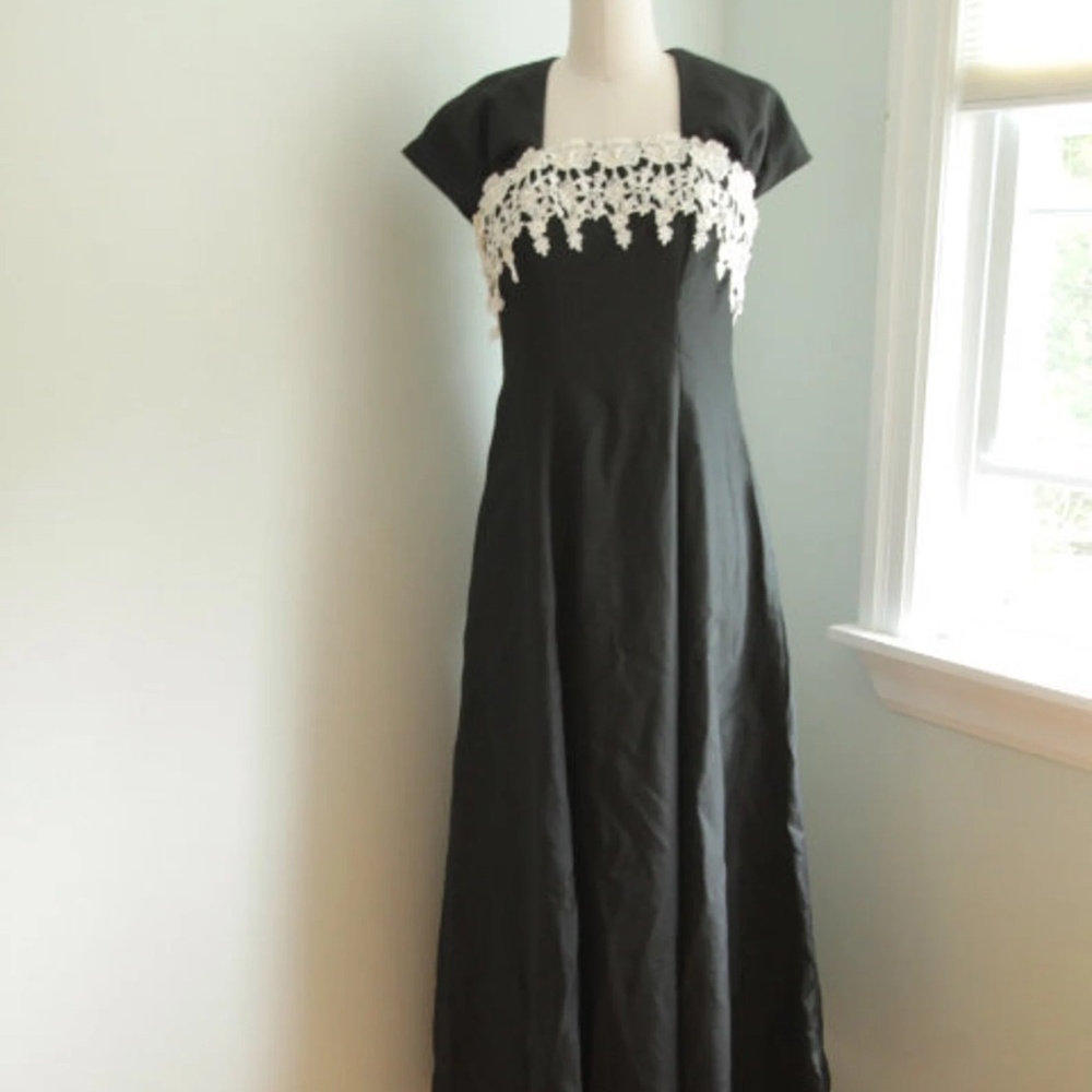 1980's Black Crepe and Lace Trimmed Prom Evening Gown